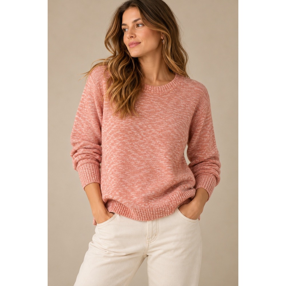 J.Crew Womens Coral White Marled Knit Cotton Blend Crewneck Sweater Medium